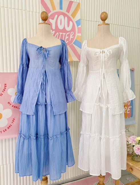 Wide Neck Lace Long Sleeves Slit Tops With Tiered Long Skirts